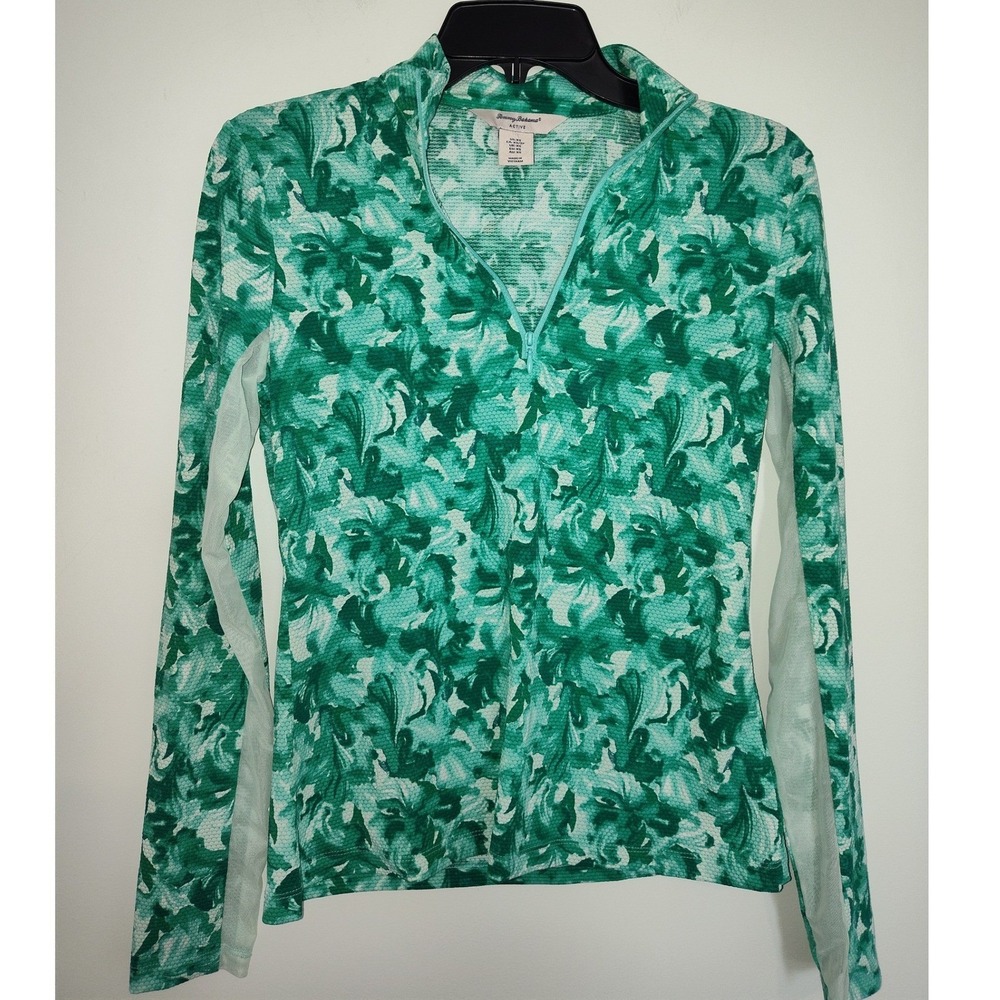 Tommy Bahama Active Womens XS Green Tropical Floral Quarter Zip Pullover Top
